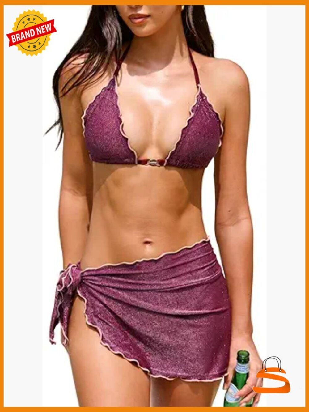 Three Piece Bikini Set V Neck Halter Self Tie Sarong Shiny Swimsuit